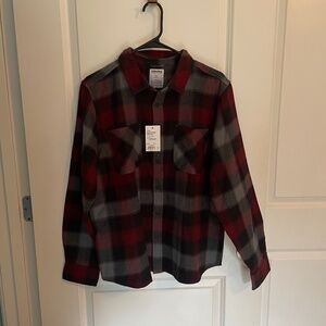 Black/gray/burgundy, red flannel button down shirt